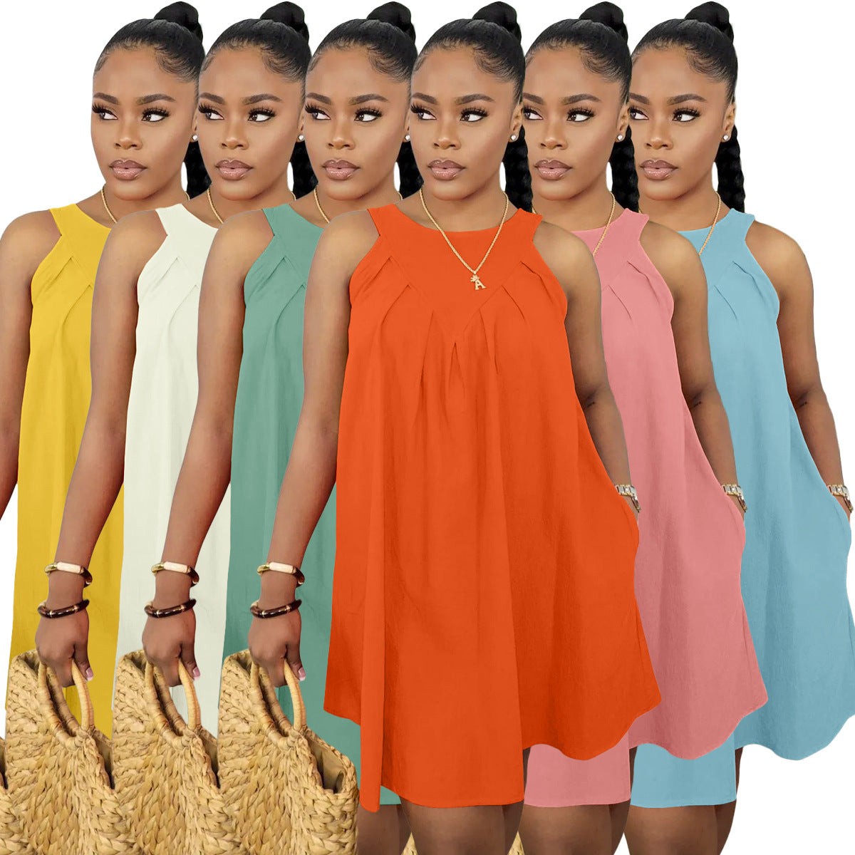 Women Summer Solid Color Sleeveless Loose Dress with Pockets