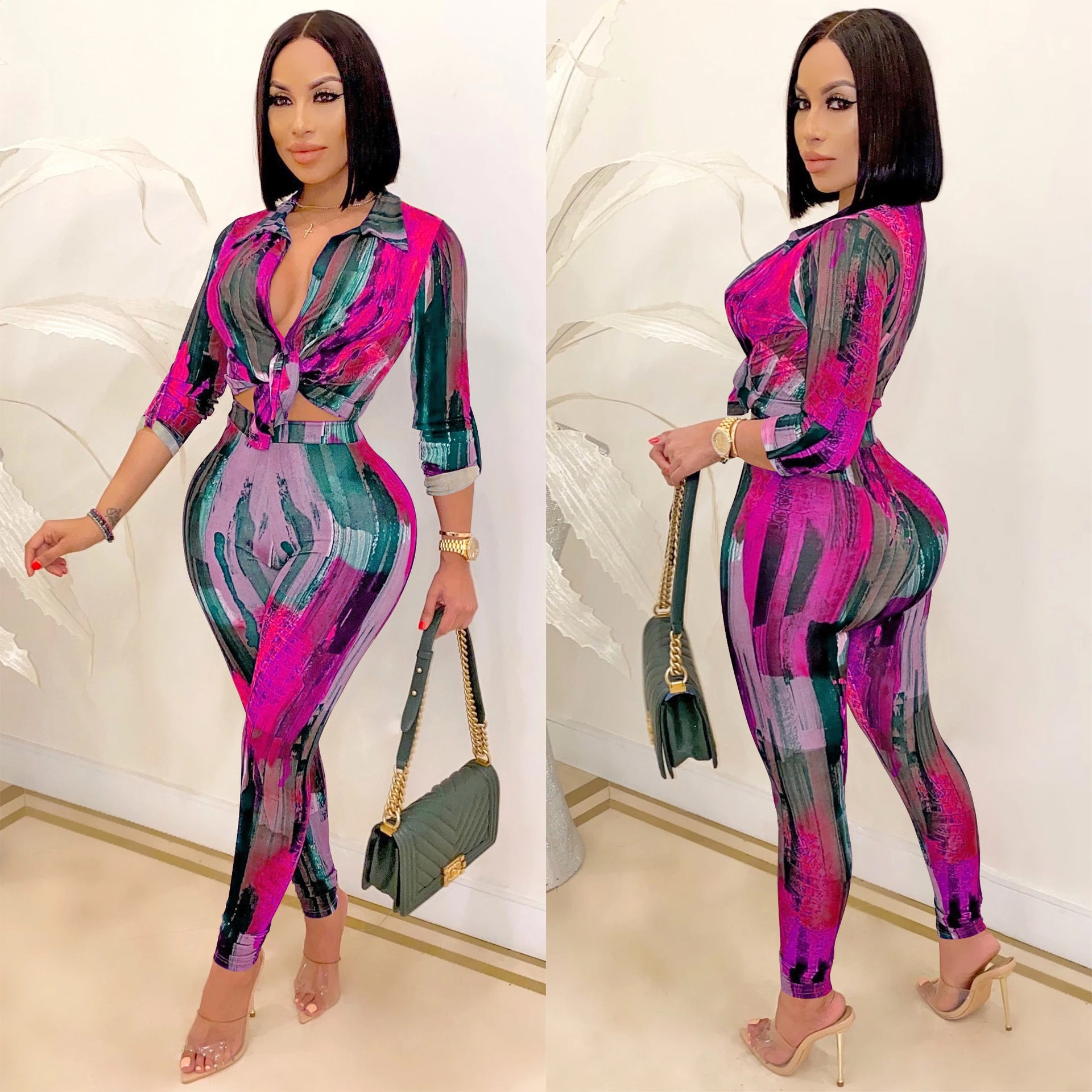 Trendy Print V-Neck Long-Sleeve Two-Piece Pants Set 6