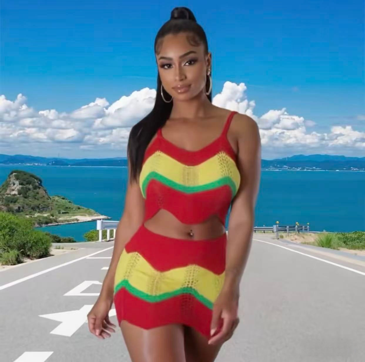 Women Holiday Multi-Color Knitting halter top and skirt with wavy pattern and hollowed-out lace.