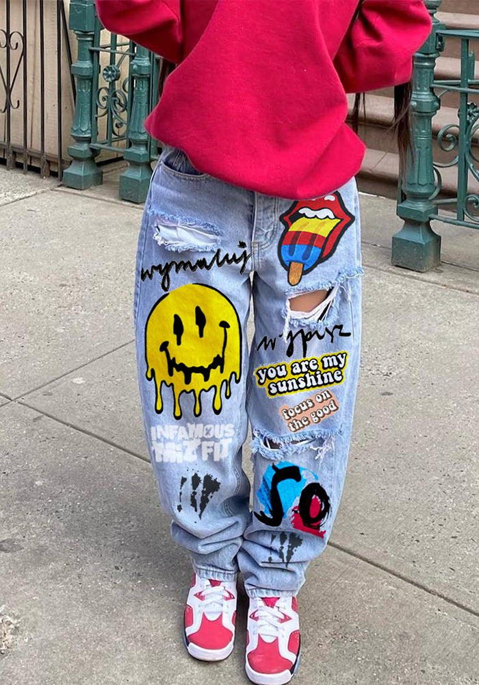 Women printed ripped denim pants