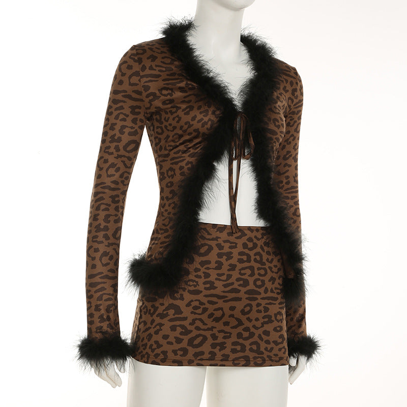 Fashionable Sexy Fur Patchwork Leopard Print Long-Sleeved Top Slim Mini Skirt Two-Piece Set 7