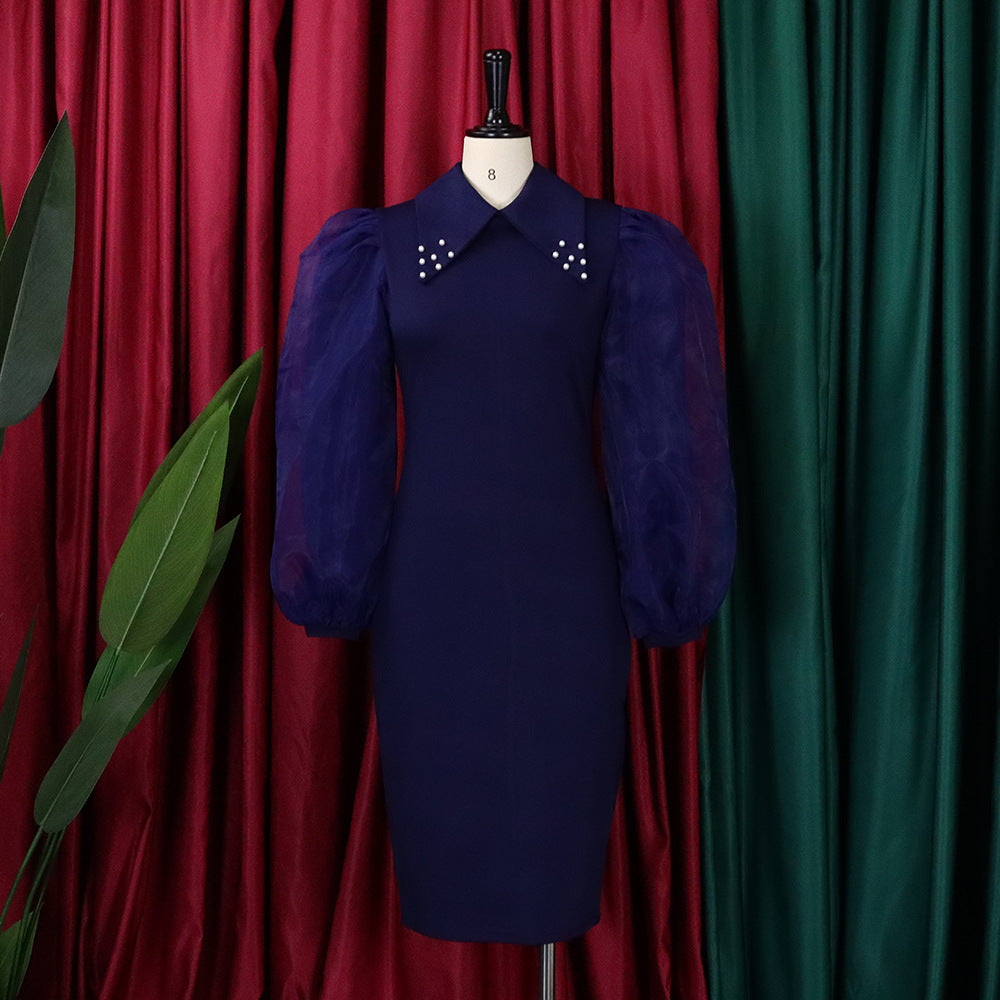 Women'S Spring Autumn Long Sleeve Plus Size Beaded Mesh Patchwork Career Bodycon Pencil Dress 14