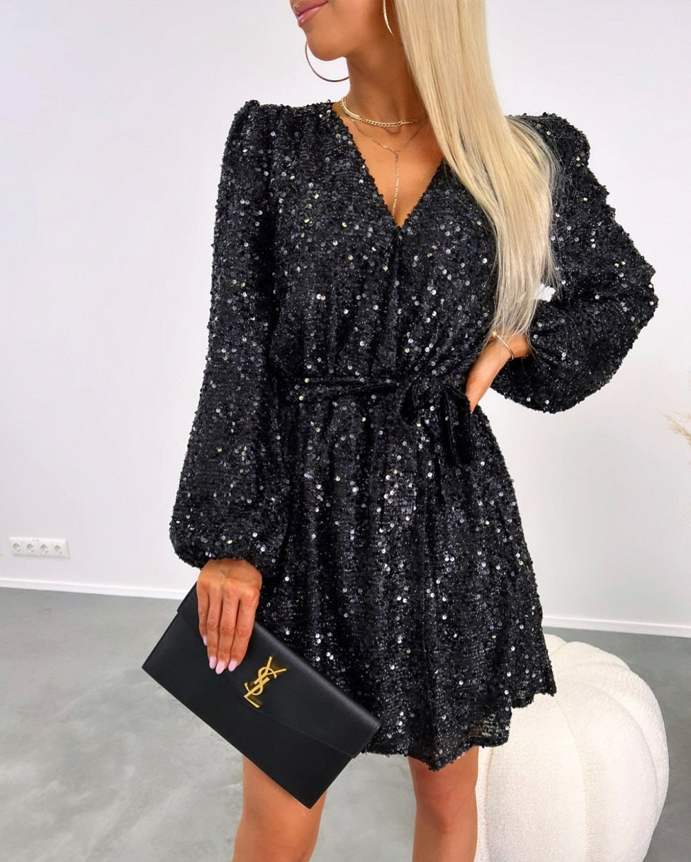 Summer Women's V-Neck Fashion Sequins Slim Waist Lace-Up Low Back Short Dress 5