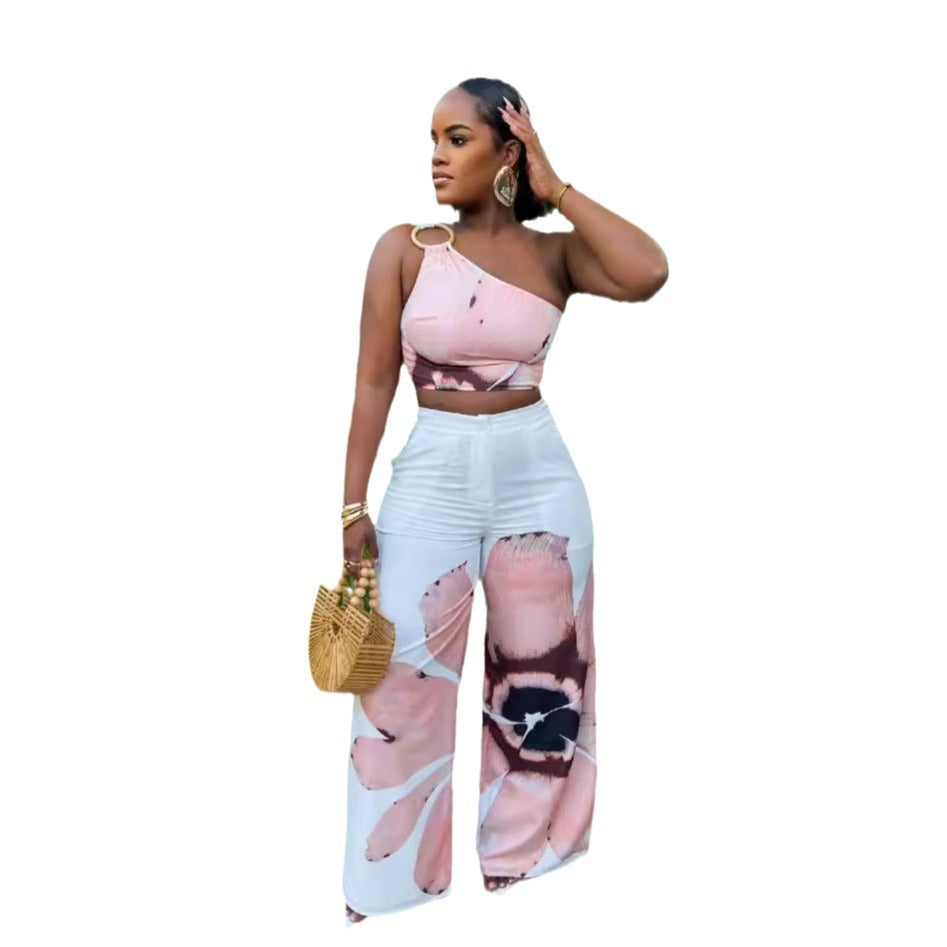 Printed One-Shoulder Top Slim Wide-Leg Pants Two-Piece Set 7