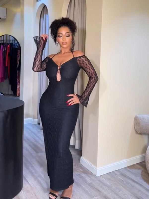 Cut-Out Lace Sexy Long Sleeve Off-Shoulder Halter Neck Maxi Dress