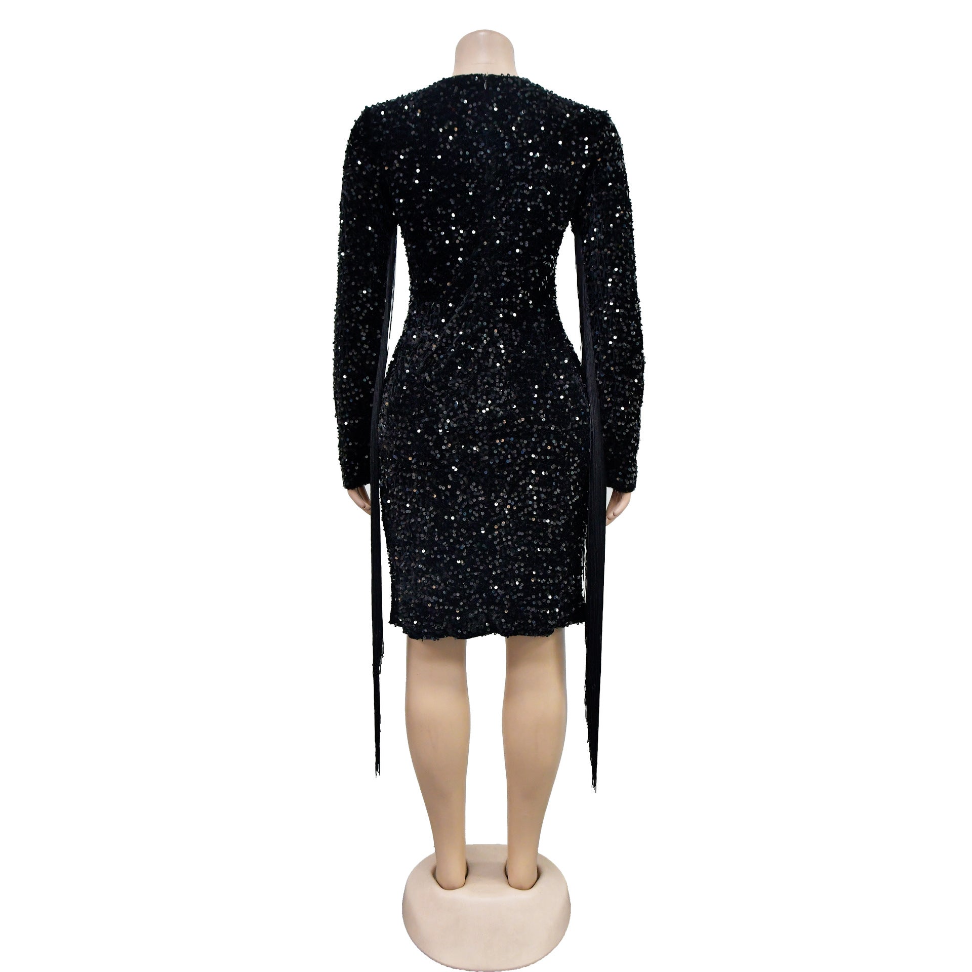 Women Solid Sequined Tassel Long Sleeve Dress 11