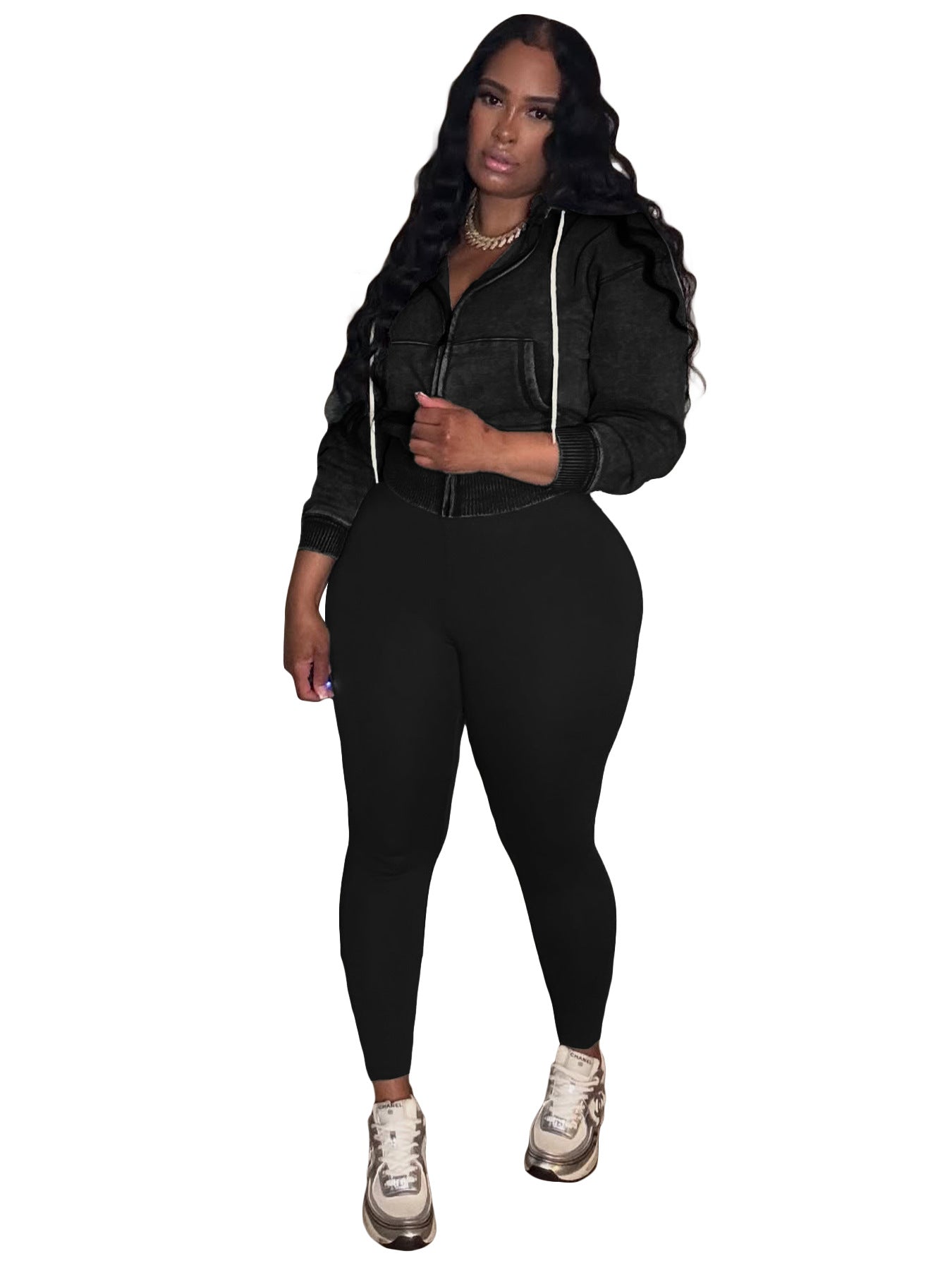 Fashion Women's Washed Zipper Hooded Top Yoga Pants Sport Casual Two-Piece Set 18