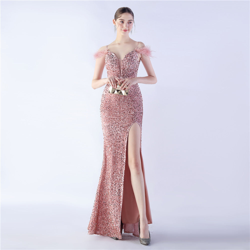 Elegant Feather High-Density Sequined Long Evening Dress 15