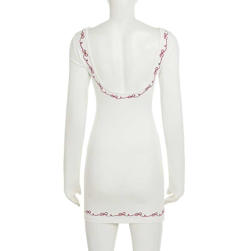Women Bow Embroidered Long-Sleeved Backless Round Neck Bodycon Dress 9