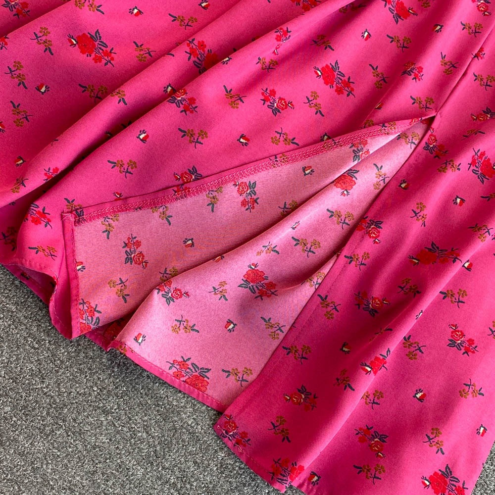 Women summer French square neck puff short sleeve slit dress 26