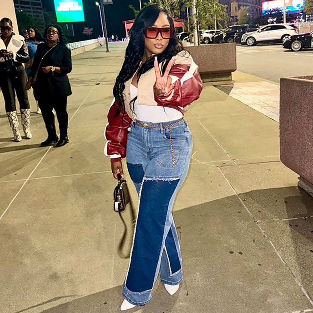 Women Casual Contrast Patchwork Denim Pants 3