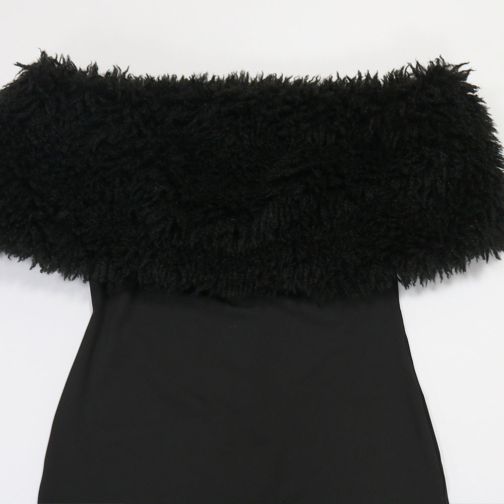 Off Shoulder Furry Patchwork Slim-Fit Jumpsuit 9
