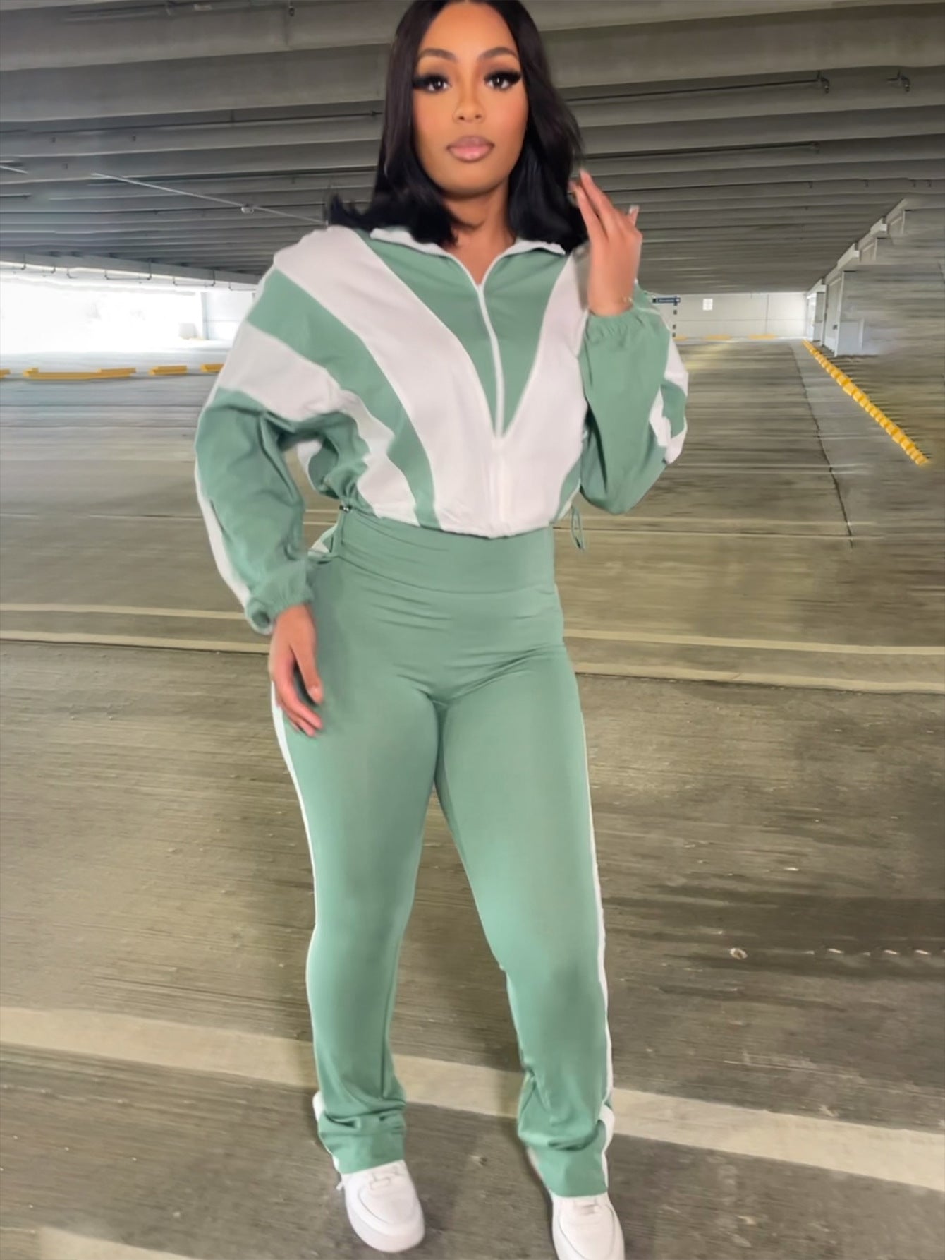 Women's Loose Casual Street Fashion Contrast Color Zipper Jacket & Trousers Two Piece Set 4