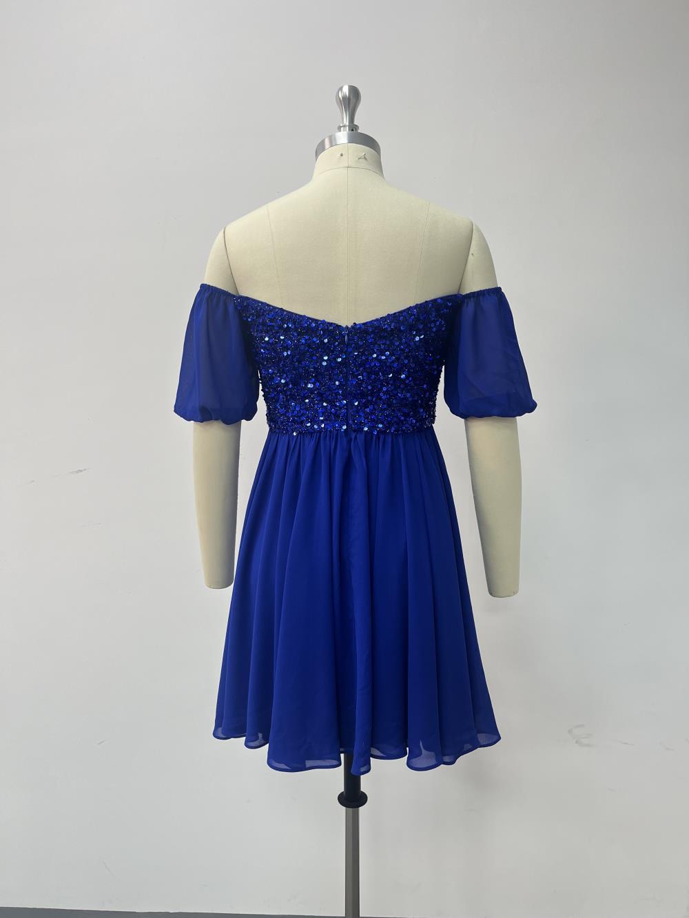 Women's Off Shoulder Low Back Chiffon Patchwork Sequin Midi Prom Dress 10