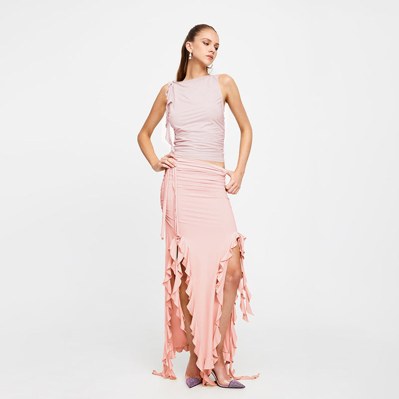Women Summer Sleeveless Crop Top and Skirt Ruffles Skirt Two-Piece Set 5