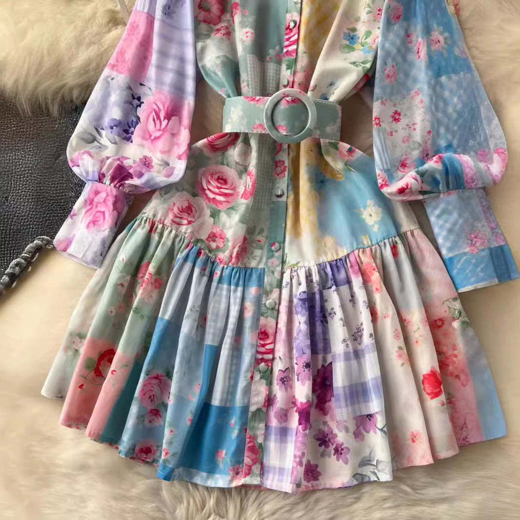 Women Stand Collar Lantern Long Sleeve Ruffle Printed Dress 4