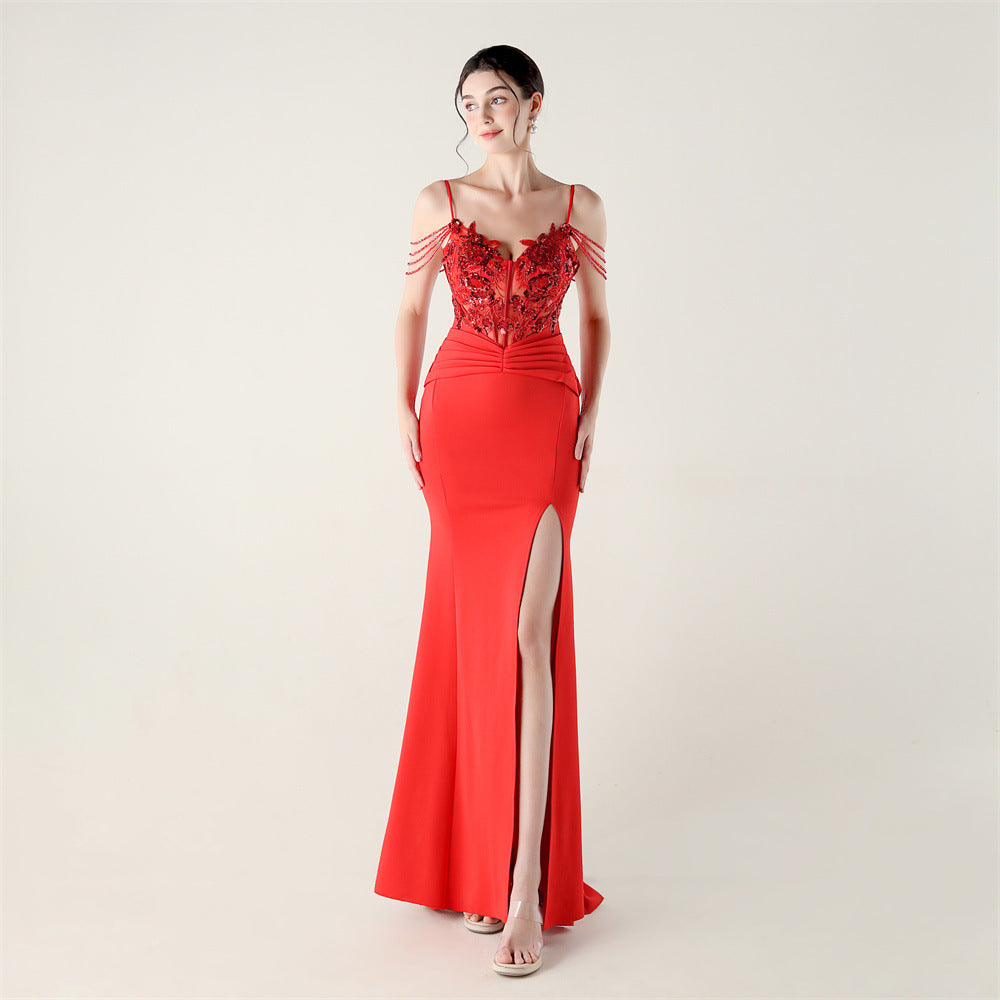 Women Applique Beaded Tube Fishbone Pressed Beaded Off-shoulder Sexy Evening Dress 10