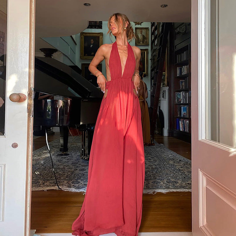 Women's Holidays Mesh Hollowed A-Line Deep V Halter Neck Long Dress 3