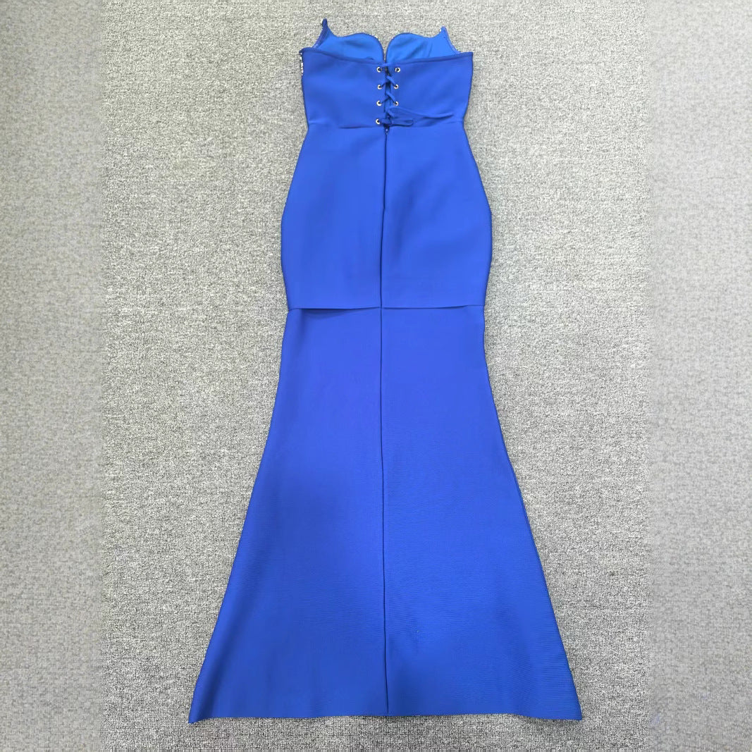 Women Sapphire Blue Beaded Embroidery Strapless Party Evening Dress 5