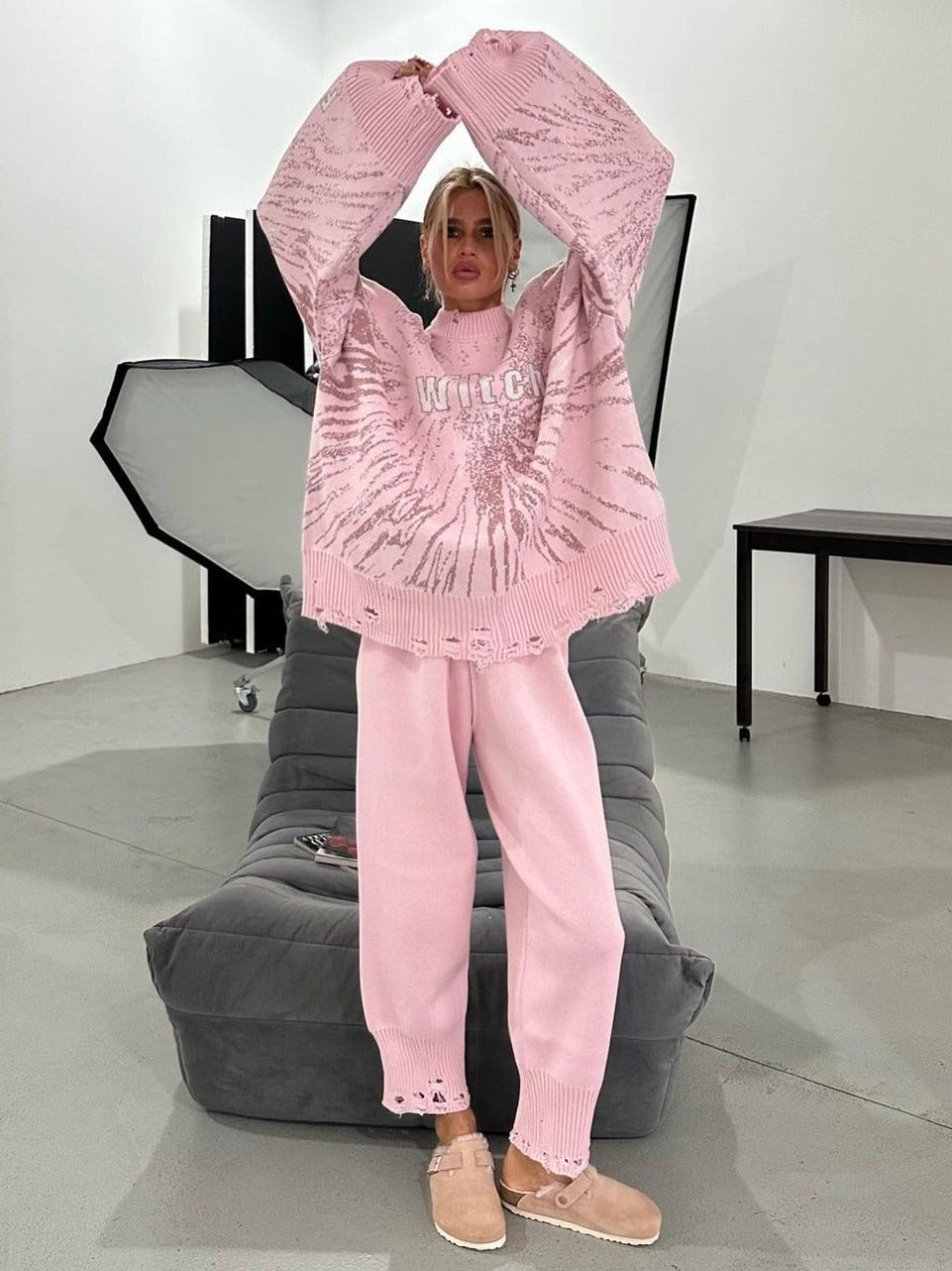 Women Casual Knitting Loose Ragged Sweater Pants Two-piece Set 3