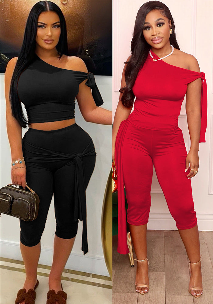 Women Summer Slash Shoulder Lace-Up Casual Solid Top and Shorts Two Piece Set