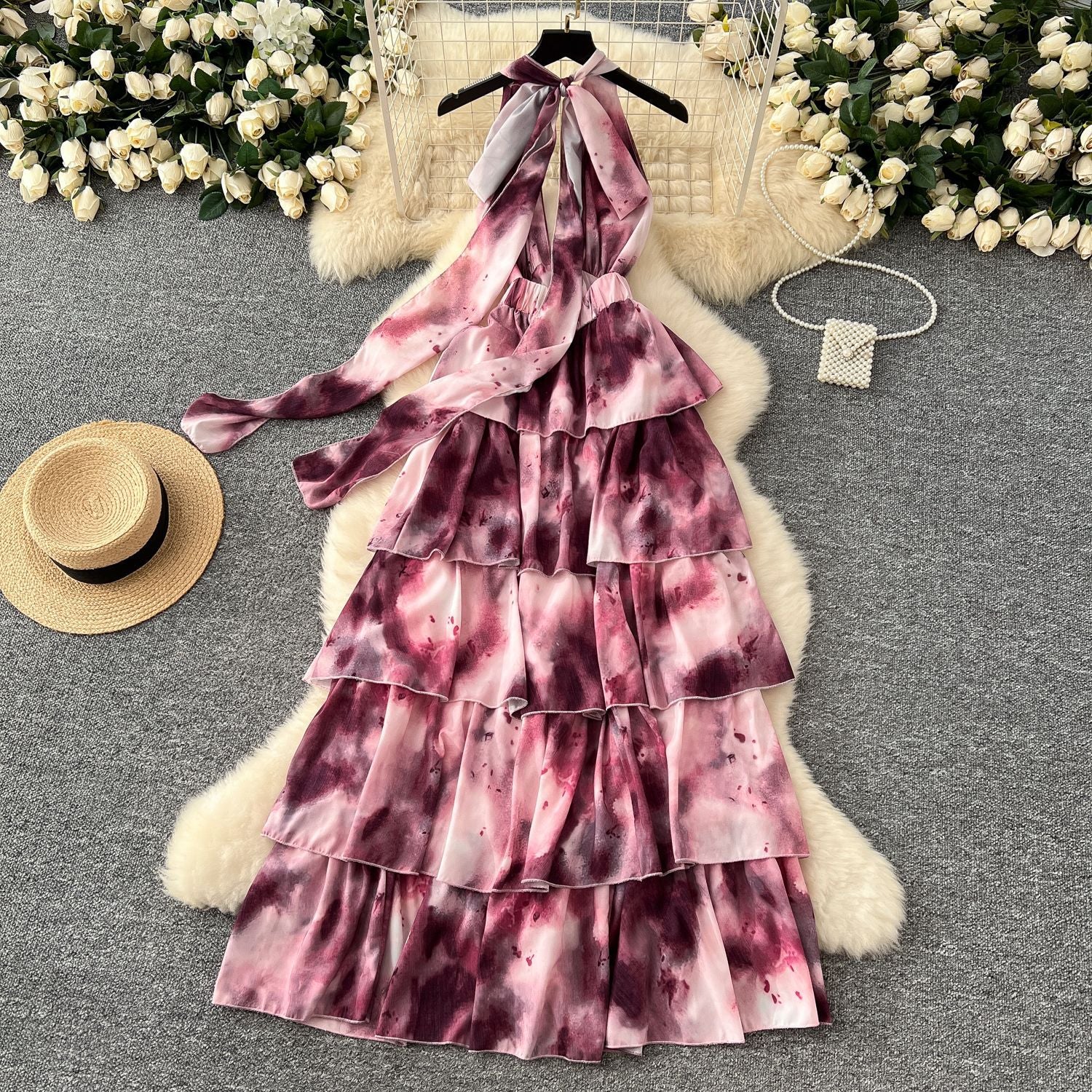 Summer Deep V-Neck Halter Neck Lace-Up Sleeveless Ruffle Women Slim Waist Holidays Long Dress 5