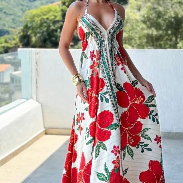 Women Spring and Summer Off-shoulder V-neck Strapless Printed Maxi Dress 12
