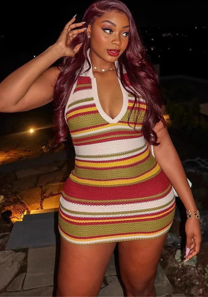 Autumn Sleeveless Slim Sexy Low-Back Halter Neck Knit Mini Dress