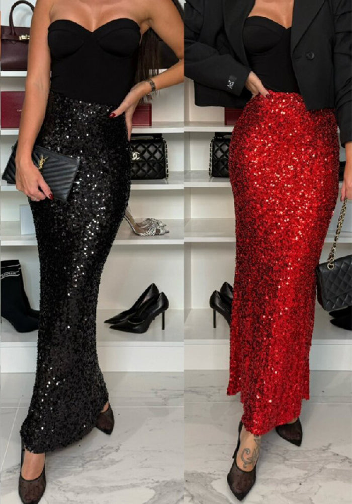 Fashion elastic high waist nightclub sequins long skirt