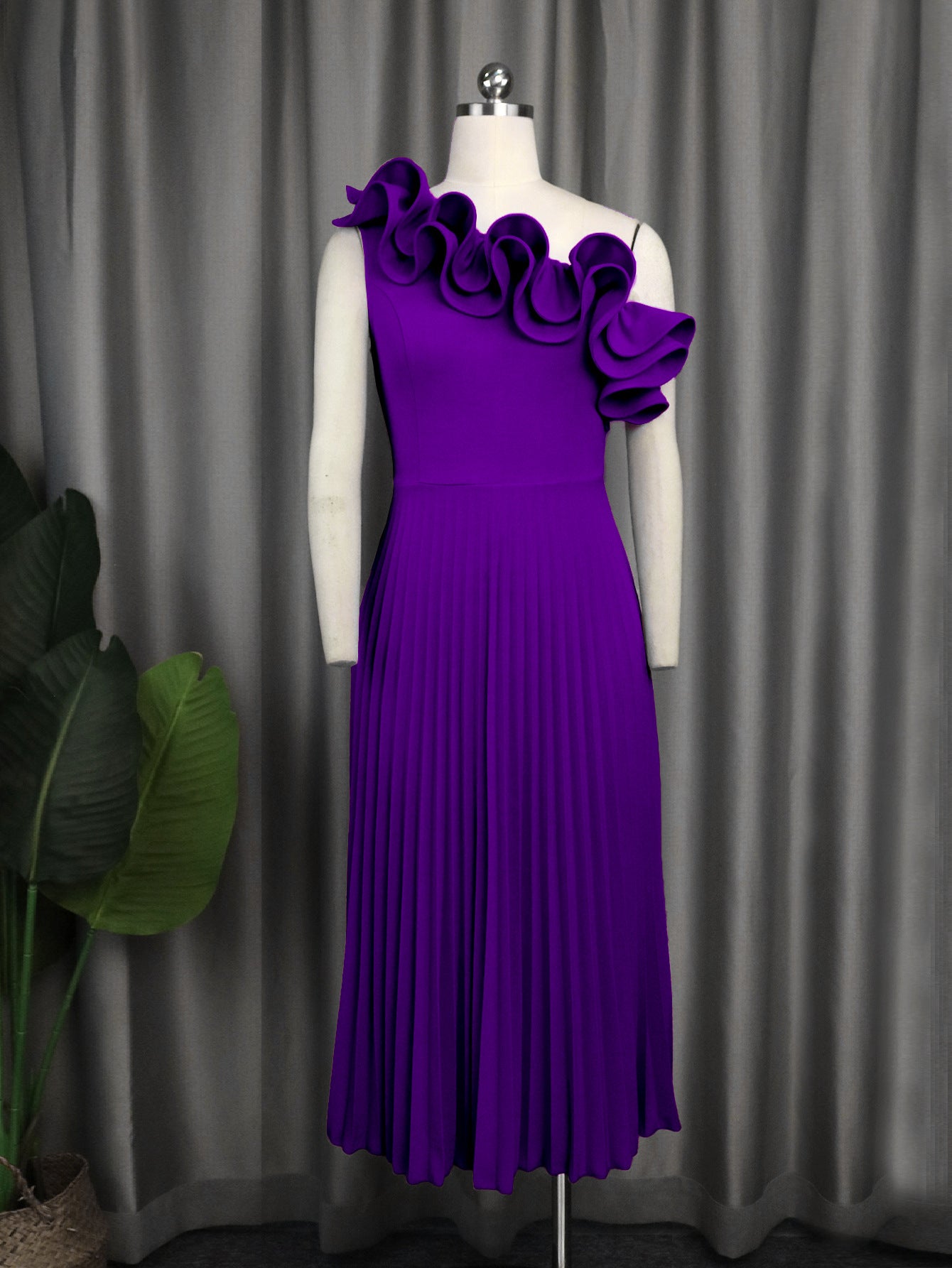 Women One Shoulder Slash Shoulder Formal Party Pleated Dress 17