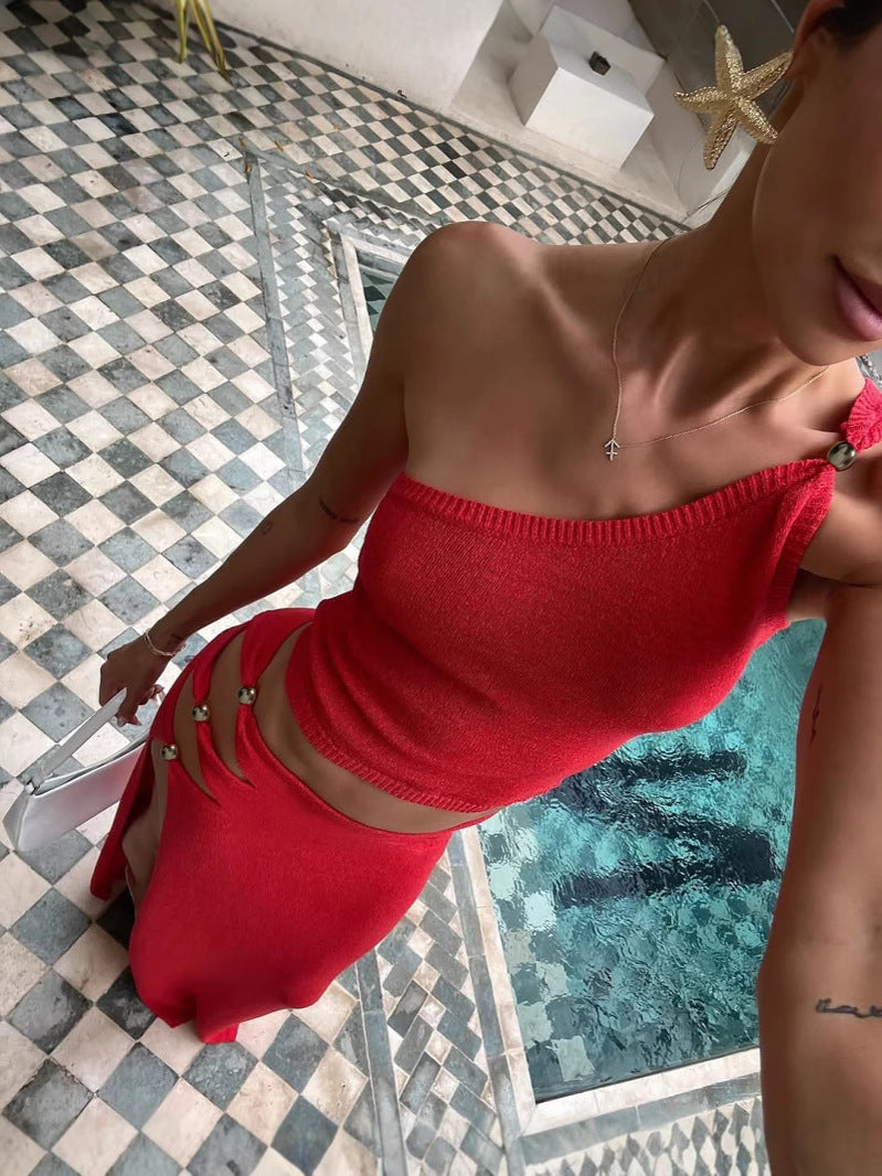 Women's Spring & Summer Sexy Slash Shoulder Top & Slit Skirt Solid Color Knitted Two-Piece Set For Holidays 4
