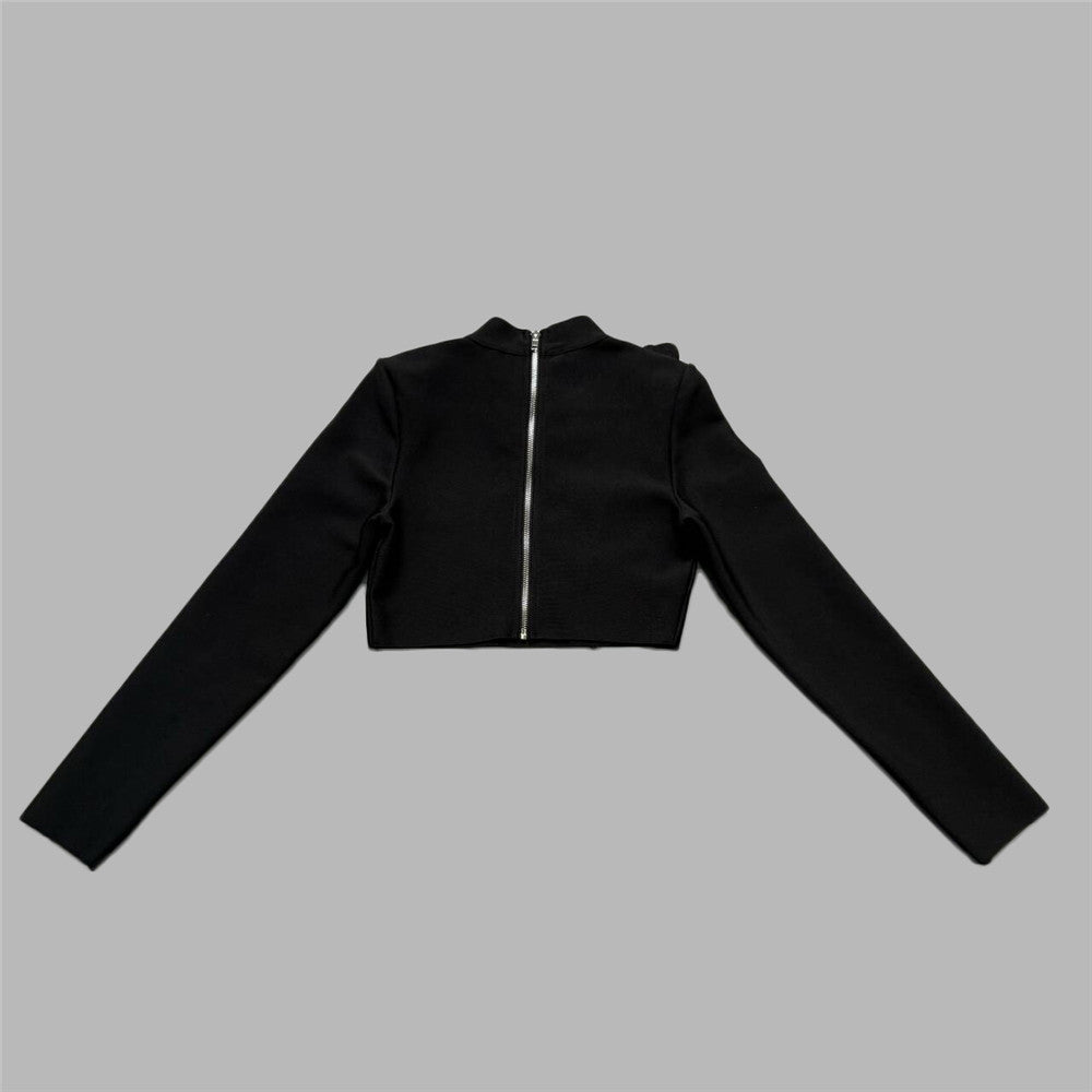 Fashionable Diamond Bandage Skirt Suit Long Sleeve Half High Collar Short Top Long Skirt Women Two-Piece Set 7