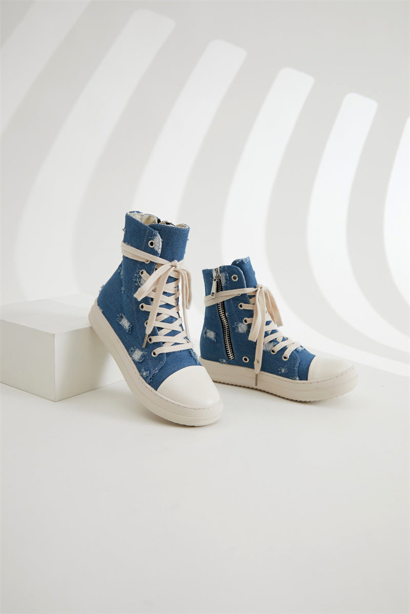 Platform Canvas Shoes Women's Washed Couple High-Top Shoes Ripped Denim Style Trendy Shoes For Men 15