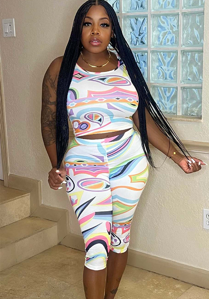 Women sexy Multi-Color Print Tank Top and Capri Two-piece