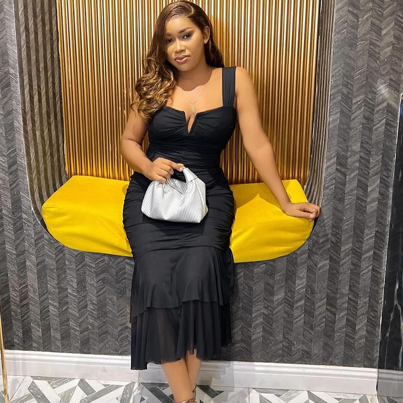 Women Solid Color Strap Sleeveless Low Back Tight Fitting Pleated Fishtail Dress 3