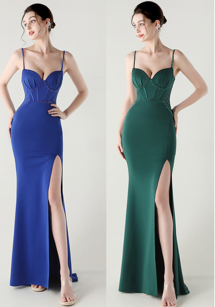 Women Strappy Heart-Shaped Lace Grid Embroidery Beaded Fishbone Formal Party Evening Dress