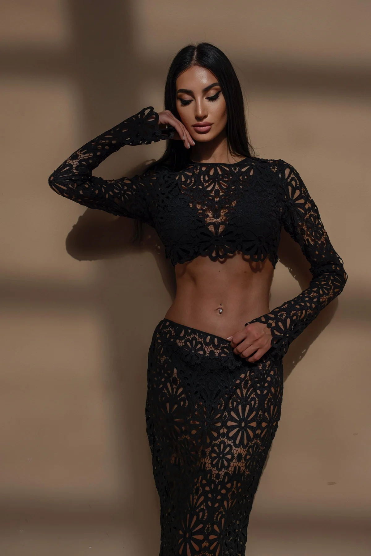 Fitted Lace Cut-Out Top & Skirt Two-Piece Set 3