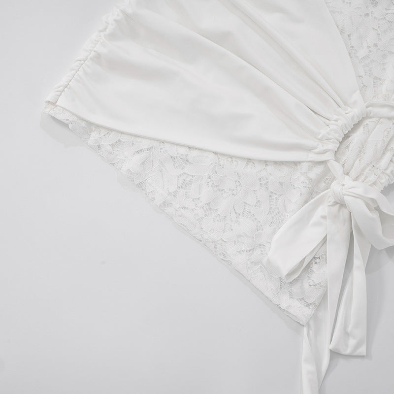 Women Sexy Halter Neck Lace Patchwork Gathered Tie Bodycon Dress 20