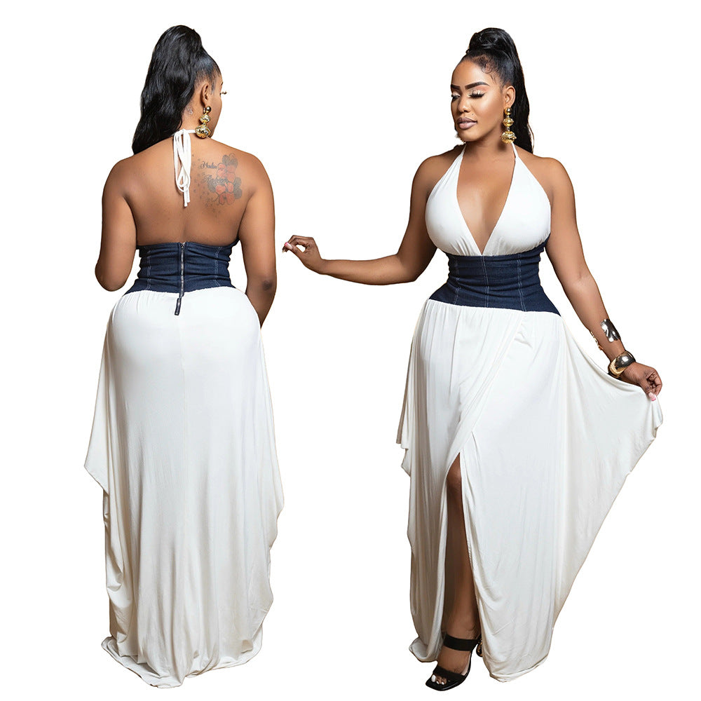 Women Slit Irregular Patchwork V-neck Dress