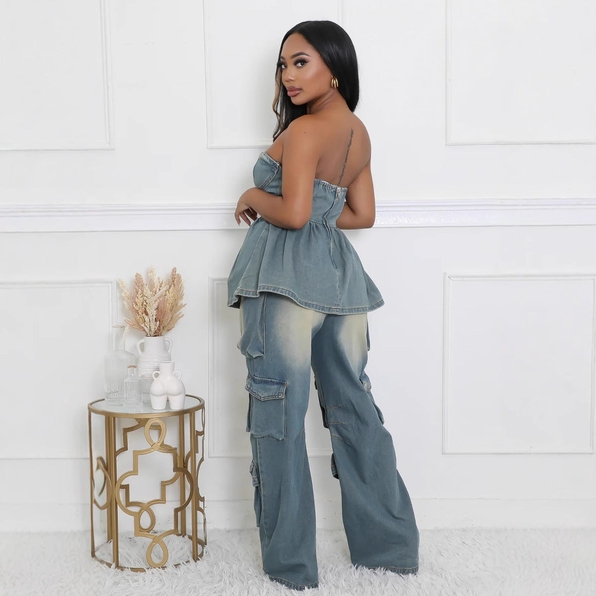 Women's Fashion Loose Straight Leg Washed Multi-Pocket Elastic Waist Street Denim Pants 3