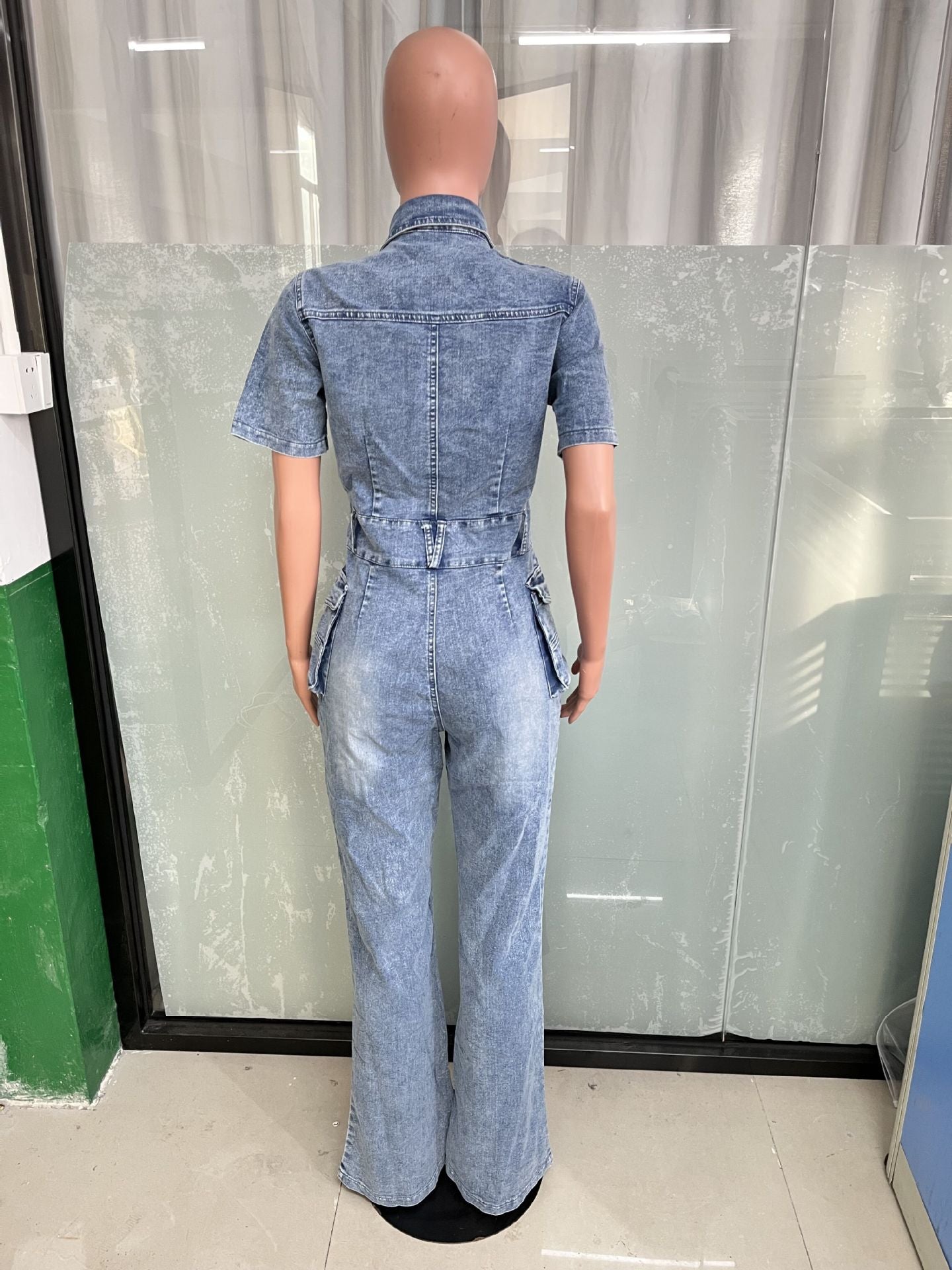 Women Stretch Wash Denim Bell Bottom Jumpsuit 10