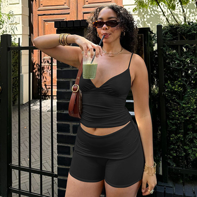 Women's Summer Solid Color Tank Top Butt-Lifting Shorts Sportswear Set 3