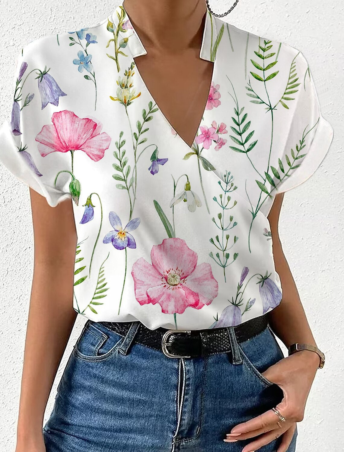 Summer Loose V-Neck Stand Collar Printed Short Sleeve Shirtwomen's Clothing 4