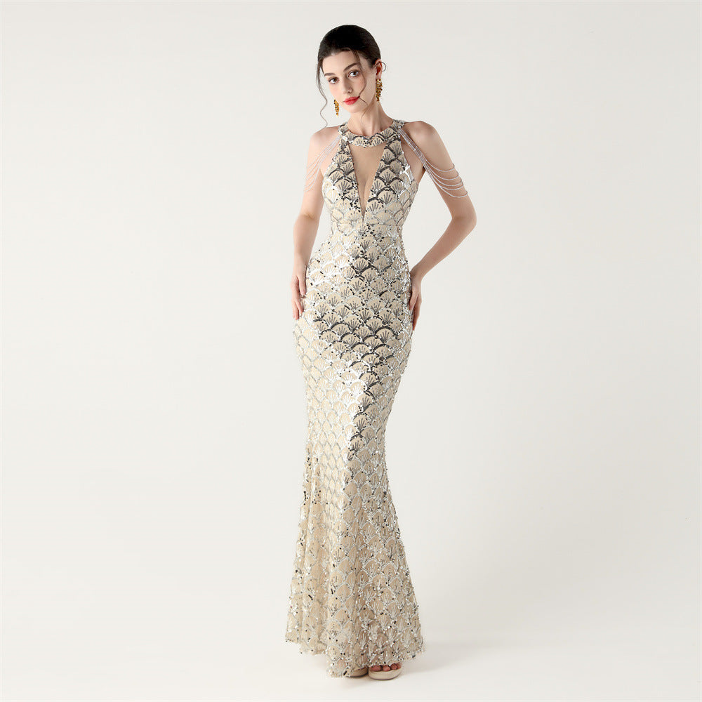Sequin Fishtail Evening Dress Beaded Chain Formal Gown 4