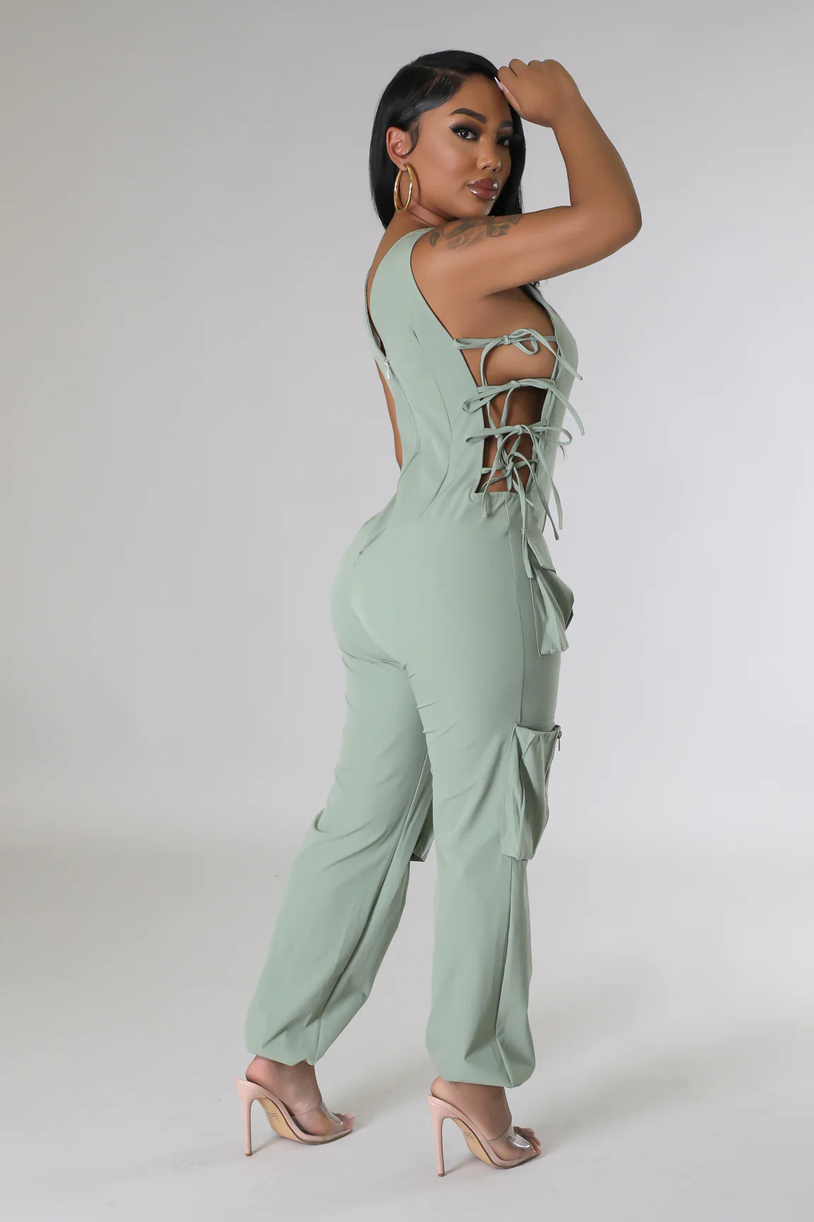 Women v-neck Lace-Up Cargo Jumpsuit 9