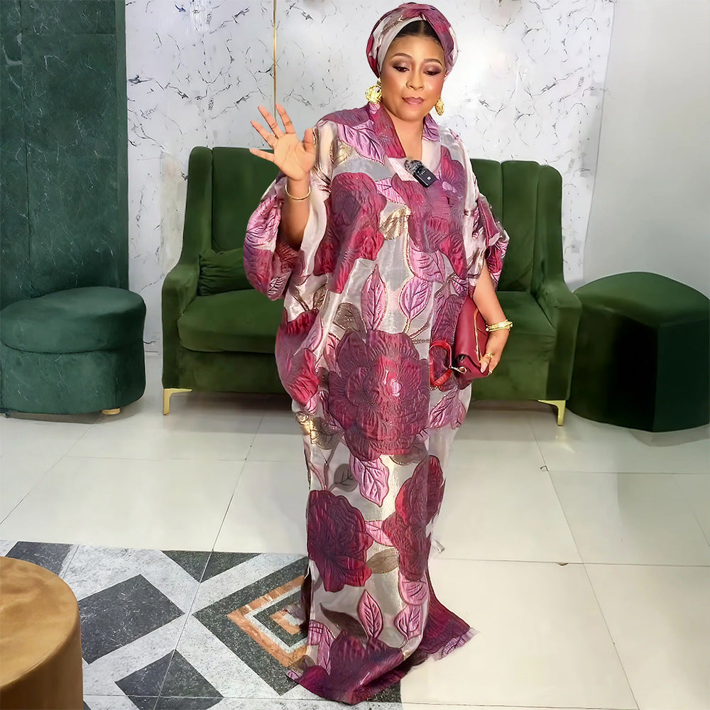 Plus Size Women African Ethnic Printed Robe and Headband Dress 5