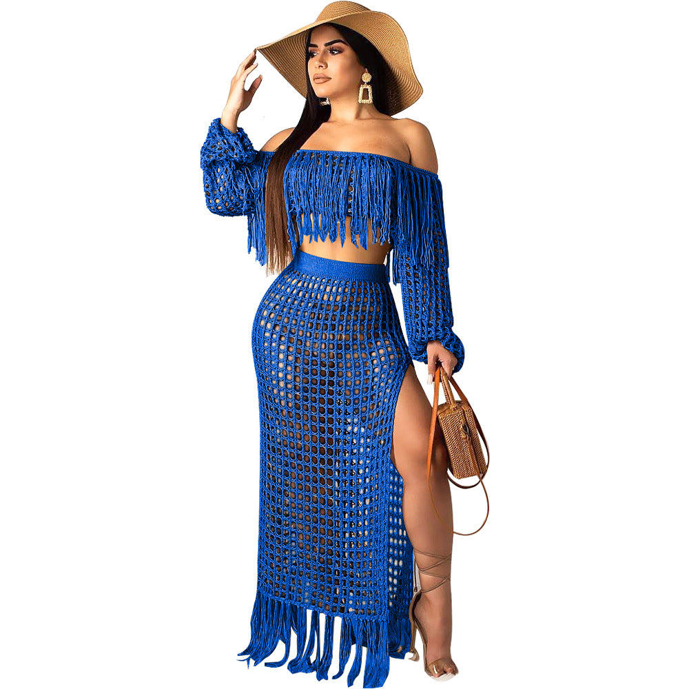 Summer Hollow Sexy Fashion Mesh Tassel See-Through Two-Piece Skirt Set 48