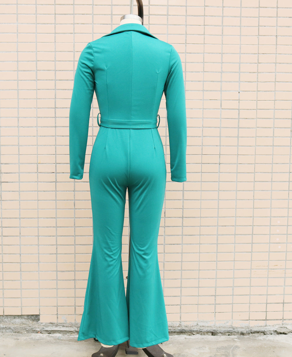 Women Turndown Collar Long Sleeve Bell-Bottom Jumpsuit 32