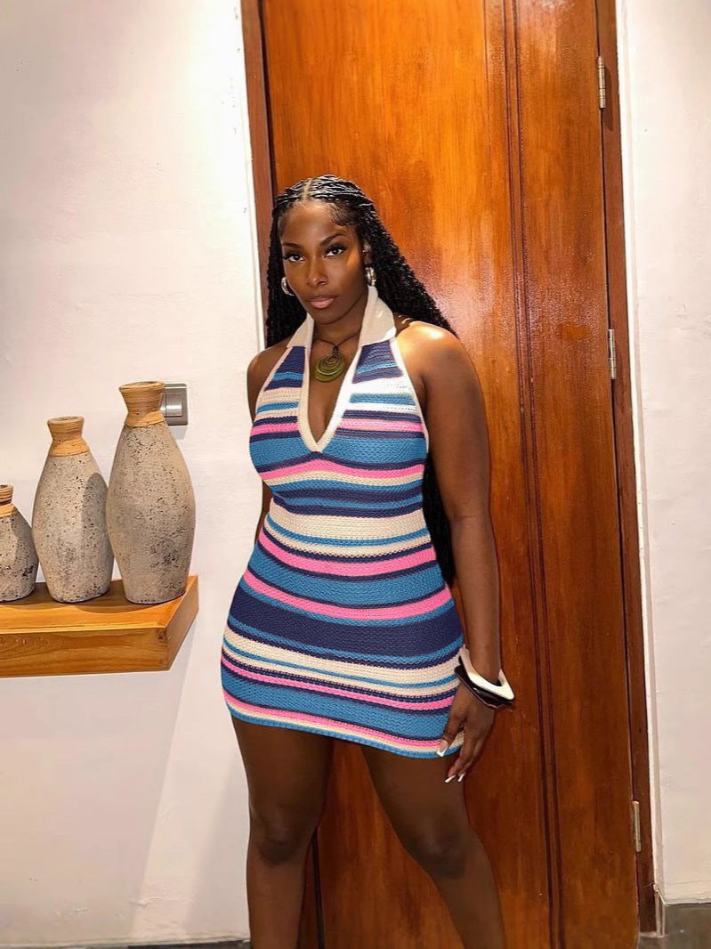 Summer Women's Striped Sexy V-Neck Halter Neck Knitted Bodycon Dress