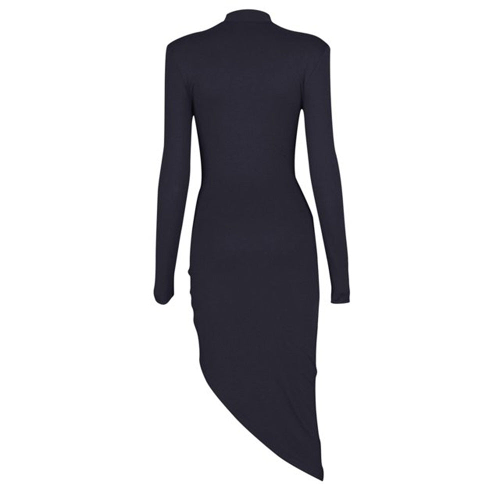 Fashionable Women's Nightclub Slim Solid Color Fashionable Long Sleeve Slit Irregular Long Dress 4